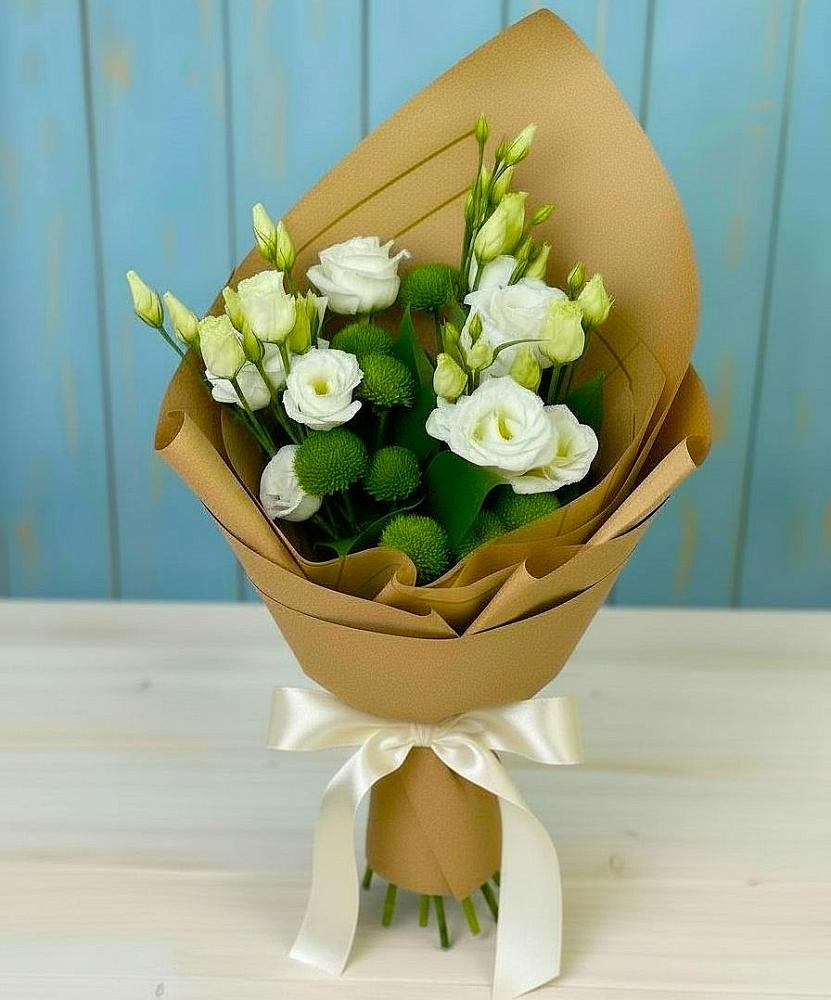 Букет цветов из: Хризантемы и Лизиантусы в Родыках